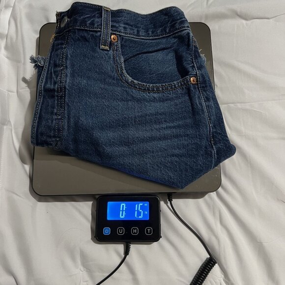 Levis Premium Ribcage Shorts Denim High-Waisted Frayed Hem Women's Blue Cotton C - Picture 10 of 10